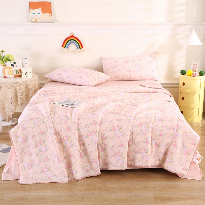 91家纺网 家纺一手货源 找家纺 米萝家居 2026新款100%棉花夏被四件套双层纱花边夏凉被空调被被子被芯直播 繁花似锦