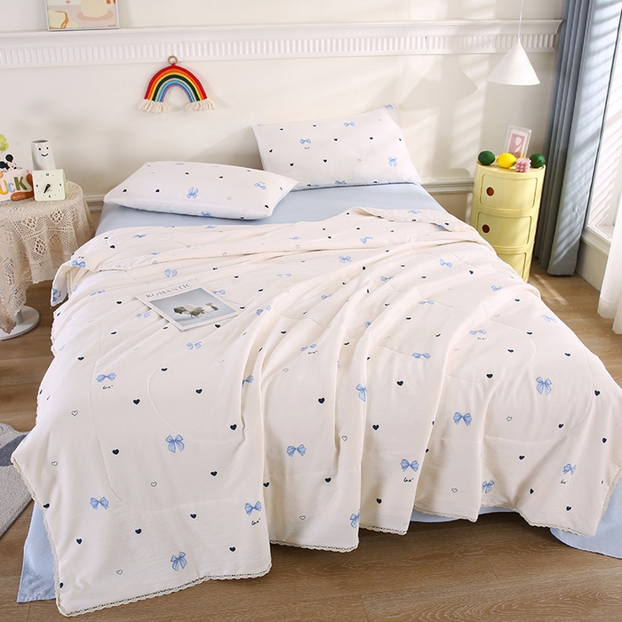 91家纺网 家纺一手货源 找家纺 米萝家居 2026新款100%棉花夏被四件套双层纱花边夏凉被空调被被子被芯直播 蝴蝶结