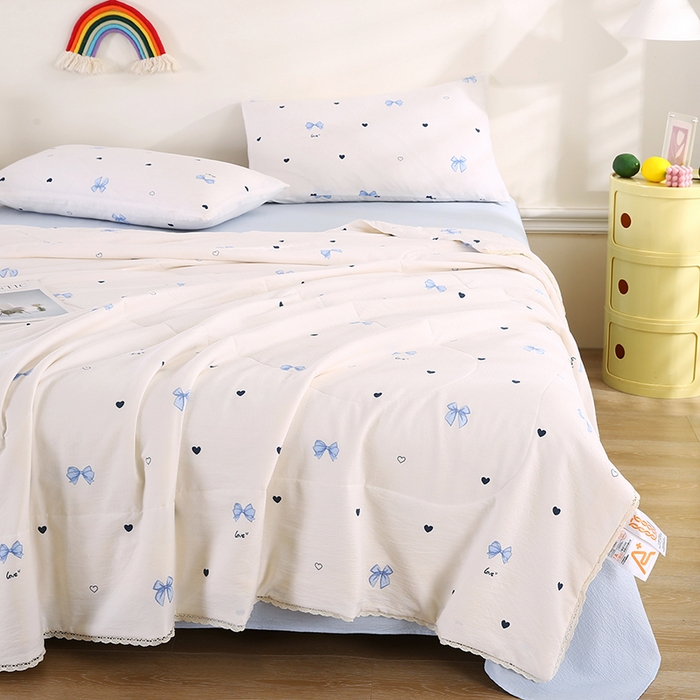 91家纺网 家纺一手货源 找家纺 米萝家居 2026新款100%棉花夏被四件套双层纱花边夏凉被空调被被子被芯直播 蝴蝶结