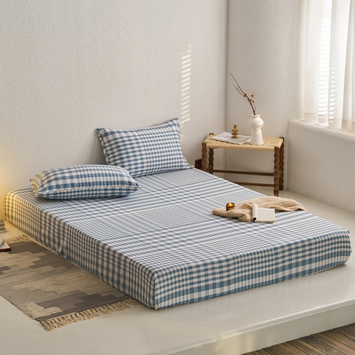 91家纺网 家纺一手货源 找家纺 小懒猪 2026新品全棉纯棉老粗布单品床笠床笠单件凉席席子 浅蓝格