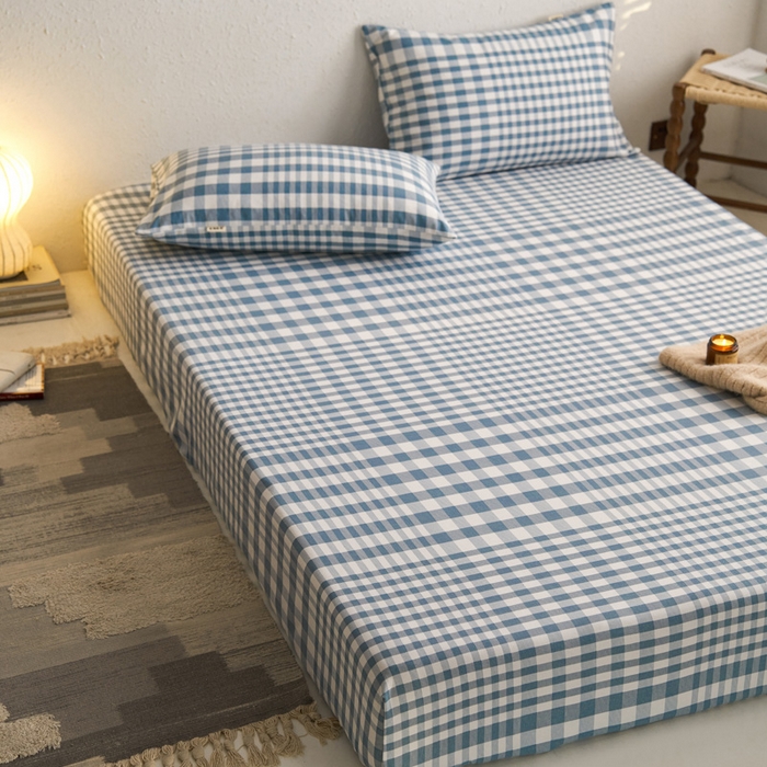 91家纺网 家纺一手货源 找家纺 小懒猪 2026新品全棉纯棉老粗布单品床笠床笠单件凉席席子 浅蓝格