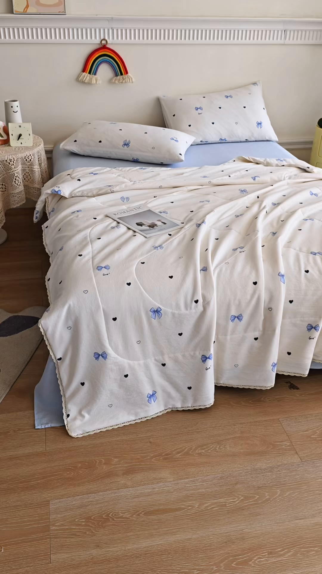 91家纺网 家纺一手货源 找家纺 米萝家居 2026新款100%棉花夏被四件套双层纱花边夏凉被空调被被子被芯直播 蝴蝶结