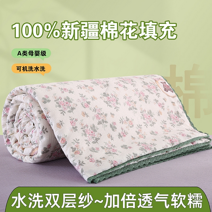 91家纺网 家纺一手货源 找家纺 米萝家居 2026新款100%棉花夏被四件套双层纱花边夏凉被空调被被子被芯直播 花团小熊