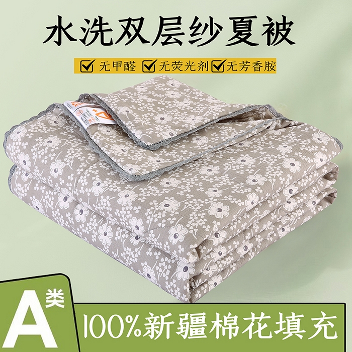 91家纺网 家纺一手货源 找家纺 米萝家居 2026新款100%棉花夏被四件套双层纱花边夏凉被空调被被子被芯直播 灰韵花簇