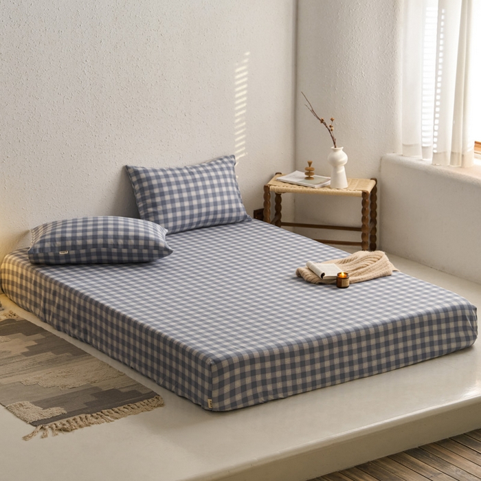 91家纺网 家纺一手货源 找家纺 小懒猪 2026新品全棉纯棉老粗布单品床笠床笠单件凉席席子 细条蓝格