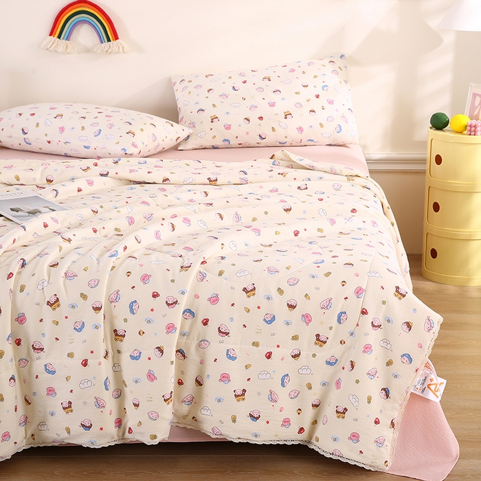 91家纺网 家纺一手货源 找家纺 米萝家居 2026新款100%棉花夏被四件套双层纱花边夏凉被空调被被子被芯直播 快乐伙伴