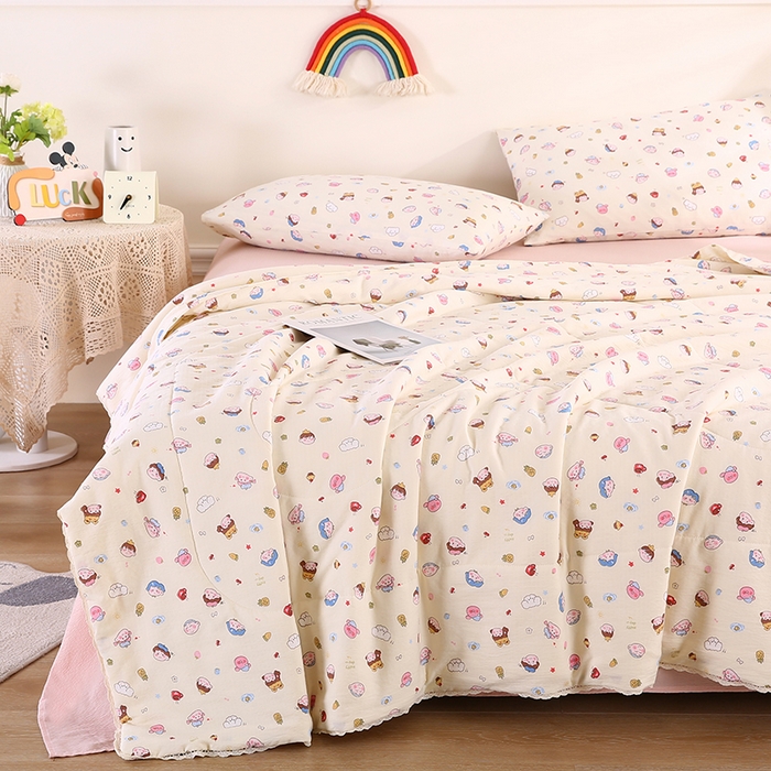 91家纺网 家纺一手货源 找家纺 米萝家居 2026新款100%棉花夏被四件套双层纱花边夏凉被空调被被子被芯直播 快乐伙伴