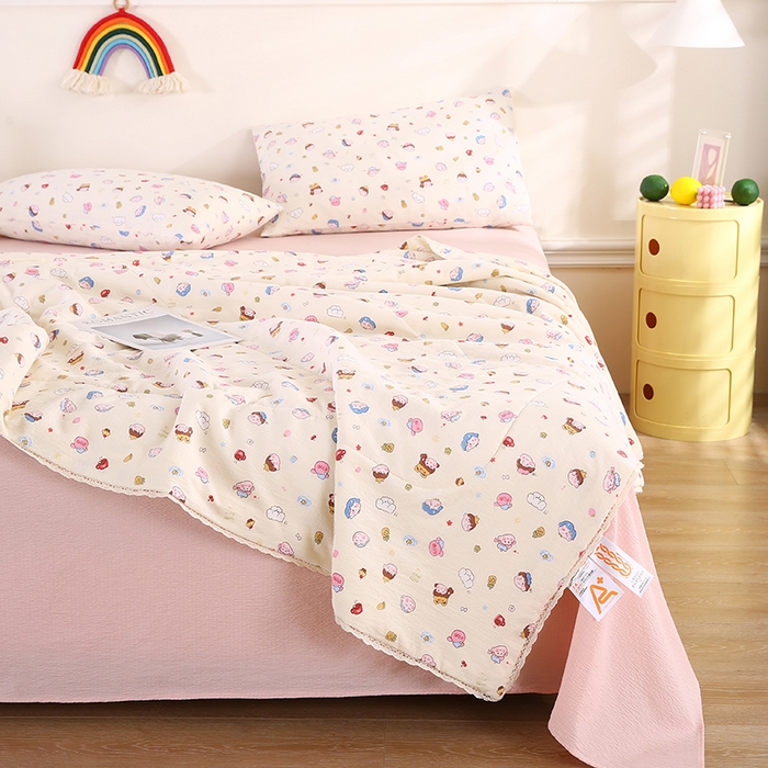 91家纺网 家纺一手货源 找家纺 米萝家居 2026新款100%棉花夏被四件套双层纱花边夏凉被空调被被子被芯直播 快乐伙伴