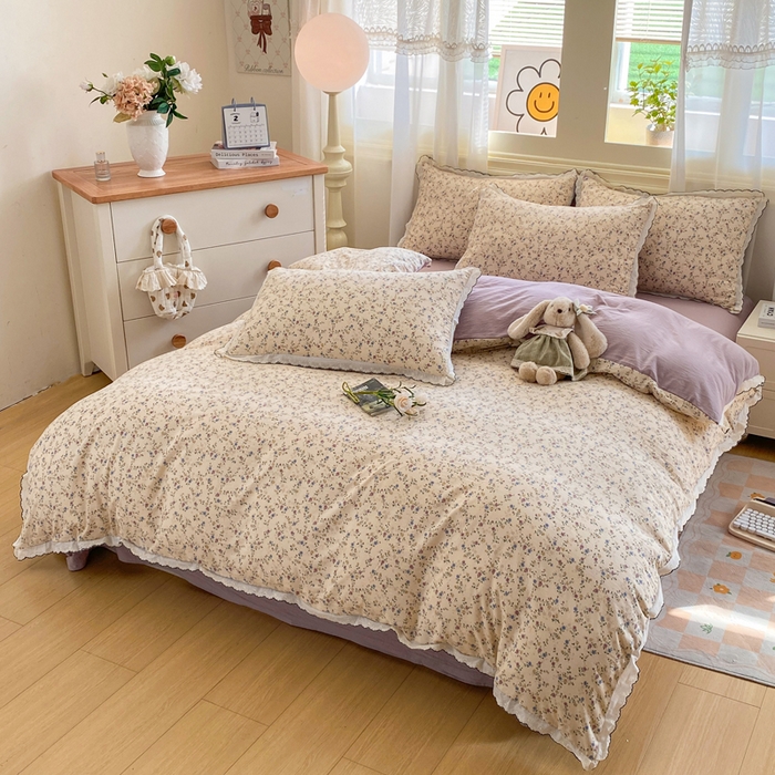 91家纺网 家纺一手货源 找家纺 豫见家纺 2026新款A类仿棉云感纱花边四件套 暗香