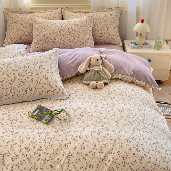 91家纺网 家纺一手货源 找家纺 豫见家纺 2026新款A类仿棉云感纱花边四件套 暗香