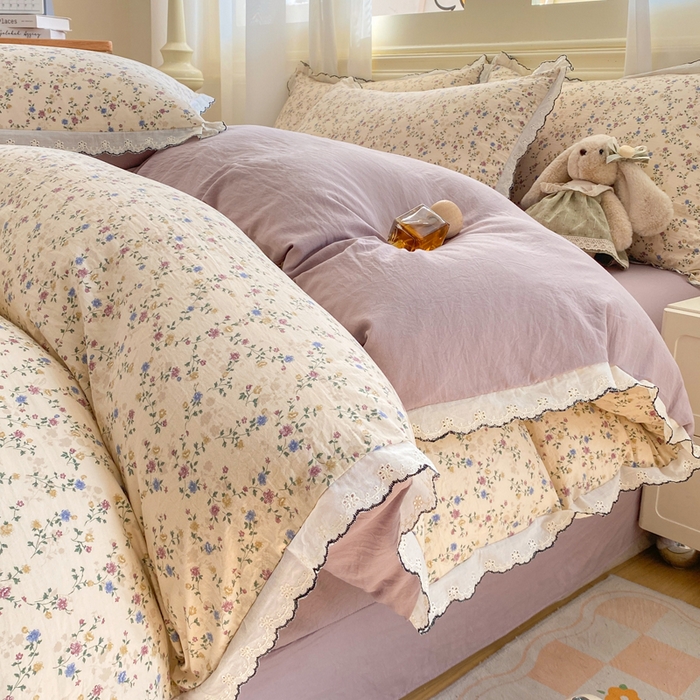 豫见家纺 2026新款A类仿棉云感纱花边四件套 暗香