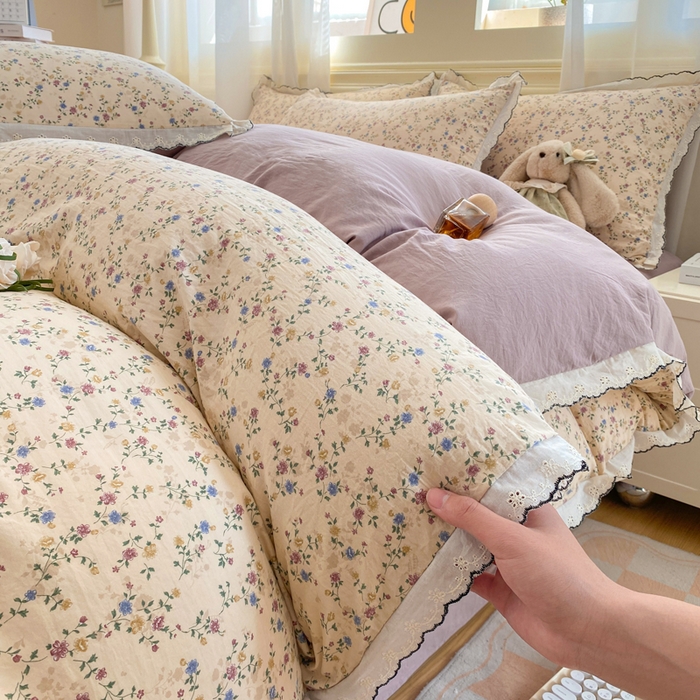 91家纺网 家纺一手货源 找家纺 豫见家纺 2026新款A类仿棉云感纱花边四件套 暗香