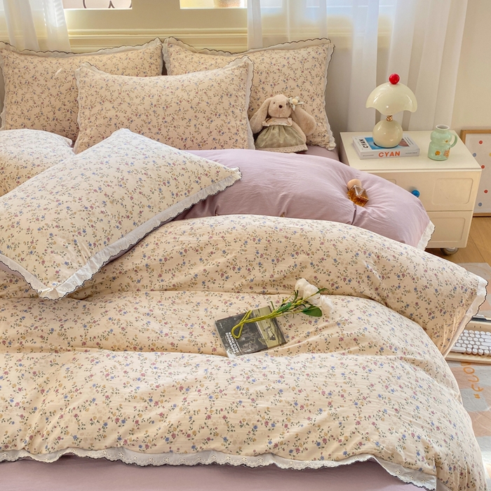 91家纺网 家纺一手货源 找家纺 豫见家纺 2026新款A类仿棉云感纱花边四件套 暗香