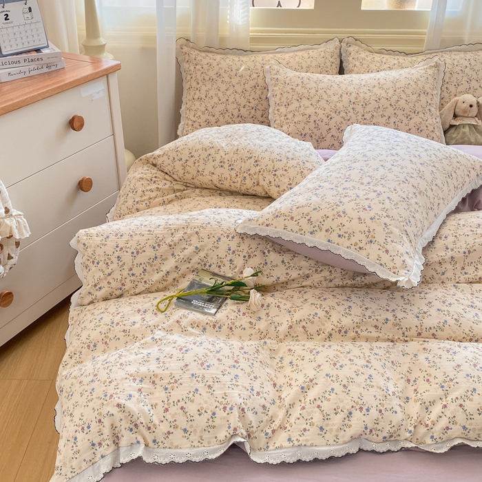 91家纺网 家纺一手货源 找家纺 豫见家纺 2026新款A类仿棉云感纱花边四件套 暗香