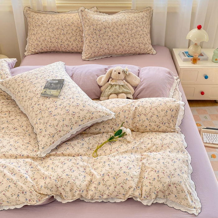 91家纺网 家纺一手货源 找家纺 豫见家纺 2026新款A类仿棉云感纱花边四件套 暗香