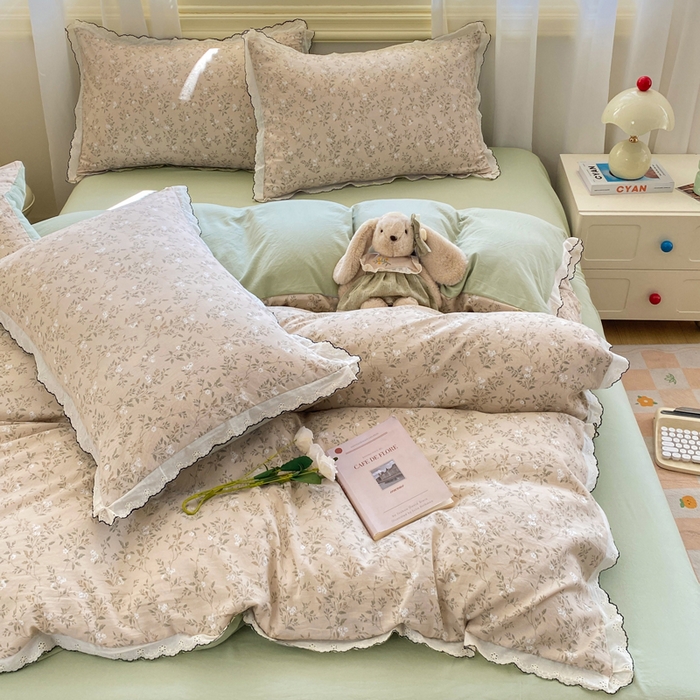 91家纺网 家纺一手货源 找家纺 豫见家纺 2026新款A类仿棉云感纱花边四件套 春风里