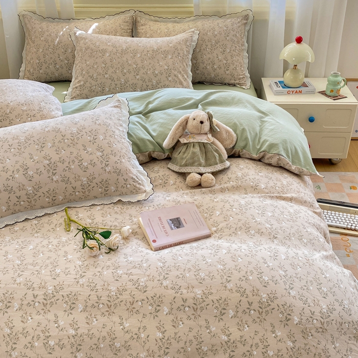 91家纺网 家纺一手货源 找家纺 豫见家纺 2026新款A类仿棉云感纱花边四件套 春风里