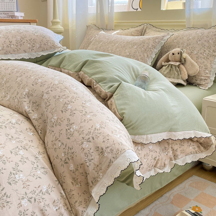 豫见家纺 2026新款A类仿棉云感纱花边四件套 春风里