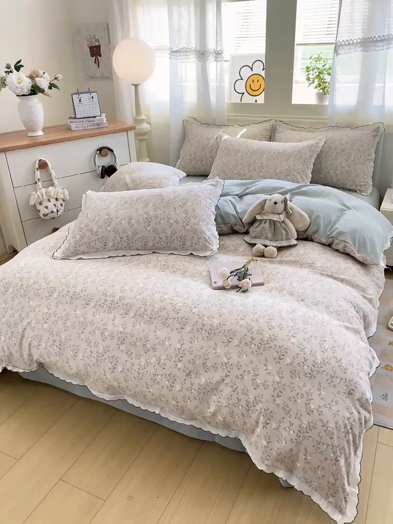 91家纺网 家纺一手货源 找家纺 豫见家纺 2026新款A类仿棉云感纱花边四件套 春风里