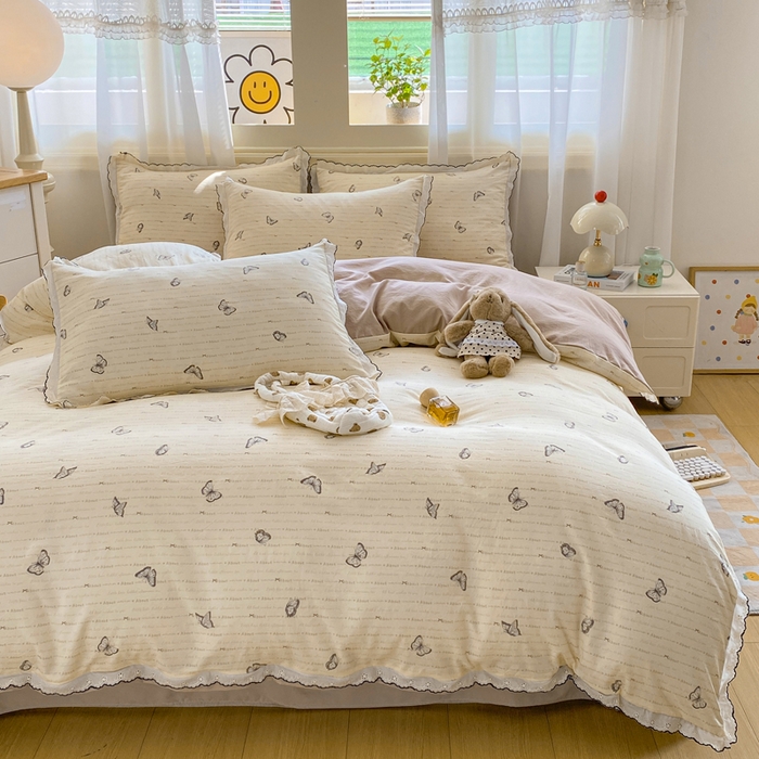 91家纺网 家纺一手货源 找家纺 豫见家纺 2026新款A类仿棉云感纱花边四件套 蝴蝶梦