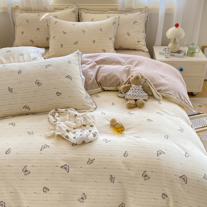 91家纺网 家纺一手货源 找家纺 豫见家纺 2026新款A类仿棉云感纱花边四件套 蝴蝶梦