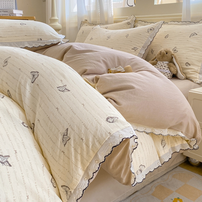 豫见家纺 2026新款A类仿棉云感纱花边四件套 蝴蝶梦
