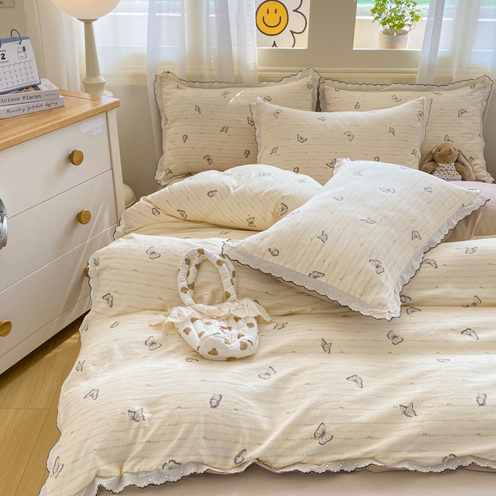 91家纺网 家纺一手货源 找家纺 豫见家纺 2026新款A类仿棉云感纱花边四件套 蝴蝶梦