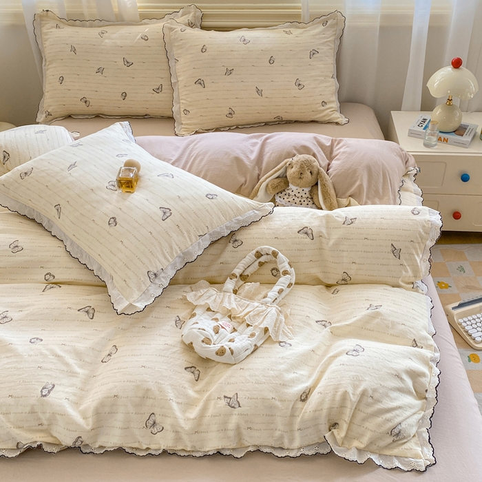 91家纺网 家纺一手货源 找家纺 豫见家纺 2026新款A类仿棉云感纱花边四件套 蝴蝶梦