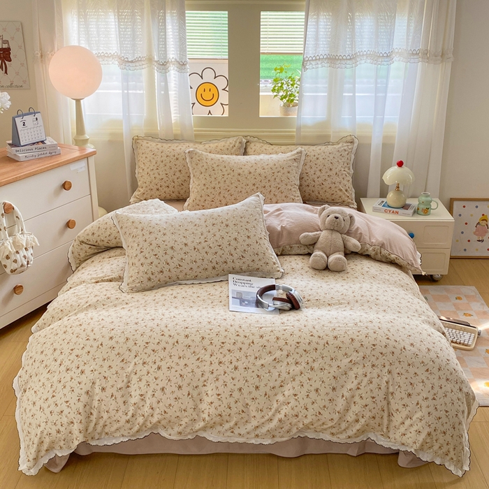 91家纺网 家纺一手货源 找家纺 豫见家纺 2026新款A类仿棉云感纱花边四件套 琥珀流光