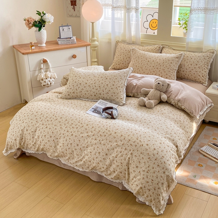 91家纺网 家纺一手货源 找家纺 豫见家纺 2026新款A类仿棉云感纱花边四件套 琥珀流光