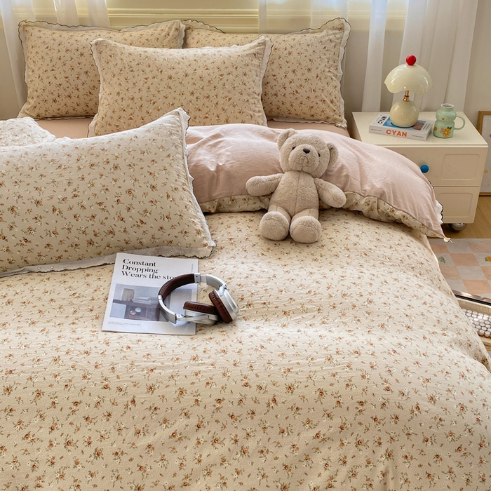 91家纺网 家纺一手货源 找家纺 豫见家纺 2026新款A类仿棉云感纱花边四件套 琥珀流光