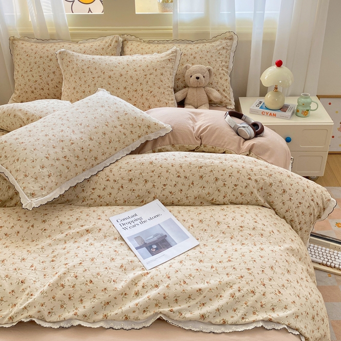 91家纺网 家纺一手货源 找家纺 豫见家纺 2026新款A类仿棉云感纱花边四件套 琥珀流光