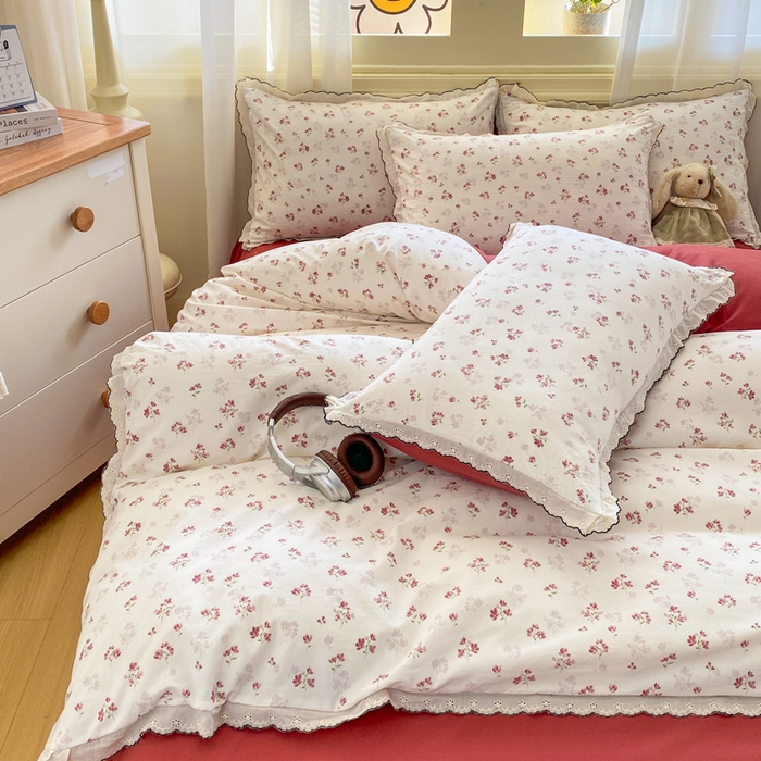 91家纺网 家纺一手货源 找家纺 豫见家纺 2026新款A类仿棉云感纱花边四件套 花影如梦