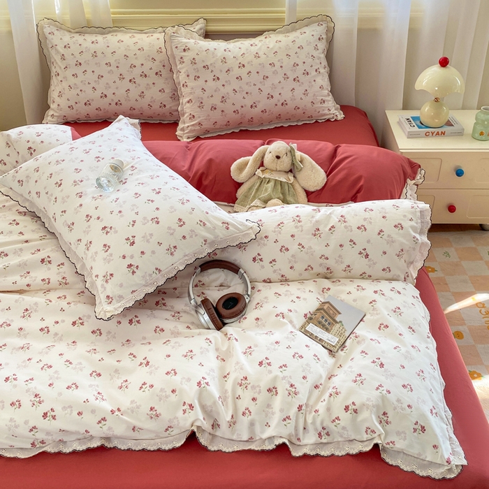 91家纺网 家纺一手货源 找家纺 豫见家纺 2026新款A类仿棉云感纱花边四件套 花影如梦