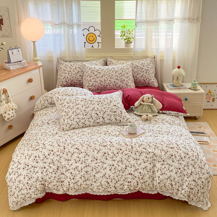 91家纺网 家纺一手货源 找家纺 豫见家纺 2026新款A类仿棉云感纱花边四件套 浪漫蔷薇