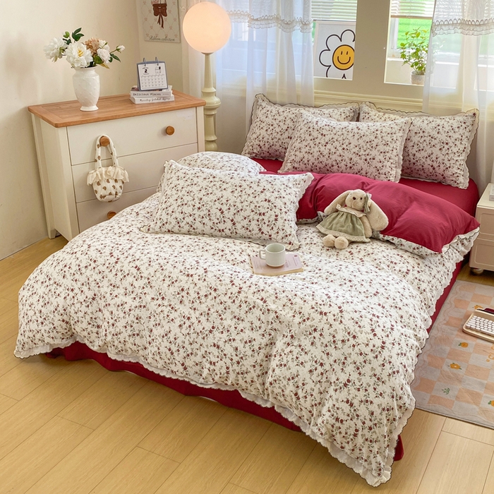 91家纺网 家纺一手货源 找家纺 豫见家纺 2026新款A类仿棉云感纱花边四件套 浪漫蔷薇