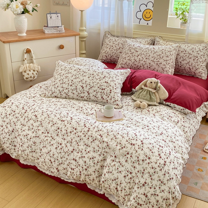 91家纺网 家纺一手货源 找家纺 豫见家纺 2026新款A类仿棉云感纱花边四件套 浪漫蔷薇