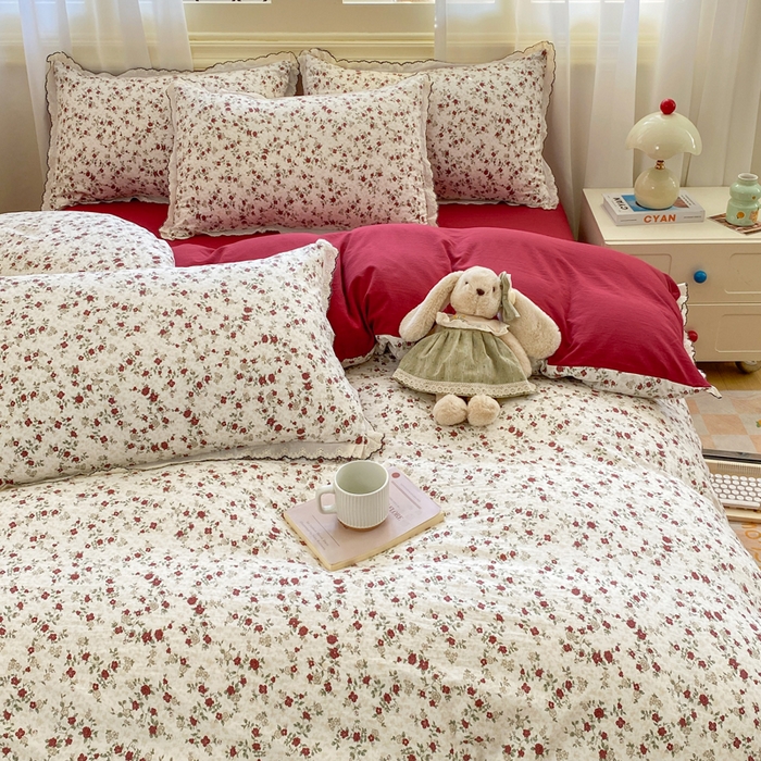 91家纺网 家纺一手货源 找家纺 豫见家纺 2026新款A类仿棉云感纱花边四件套 浪漫蔷薇