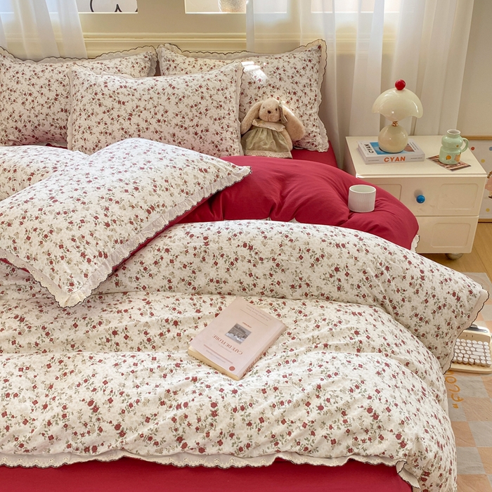 91家纺网 家纺一手货源 找家纺 豫见家纺 2026新款A类仿棉云感纱花边四件套 浪漫蔷薇