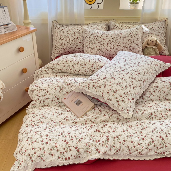 91家纺网 家纺一手货源 找家纺 豫见家纺 2026新款A类仿棉云感纱花边四件套 浪漫蔷薇