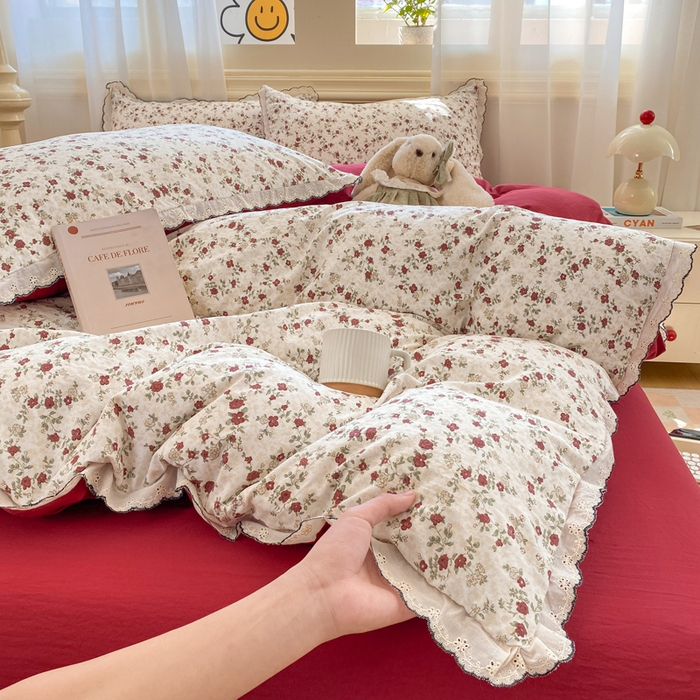 91家纺网 家纺一手货源 找家纺 豫见家纺 2026新款A类仿棉云感纱花边四件套 浪漫蔷薇