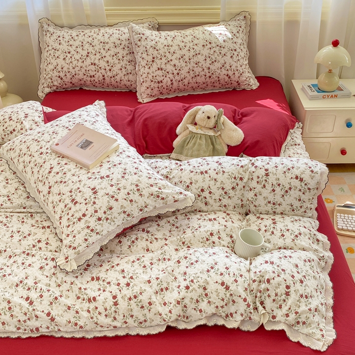 91家纺网 家纺一手货源 找家纺 豫见家纺 2026新款A类仿棉云感纱花边四件套 浪漫蔷薇