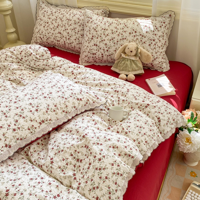 91家纺网 家纺一手货源 找家纺 豫见家纺 2026新款A类仿棉云感纱花边四件套 浪漫蔷薇