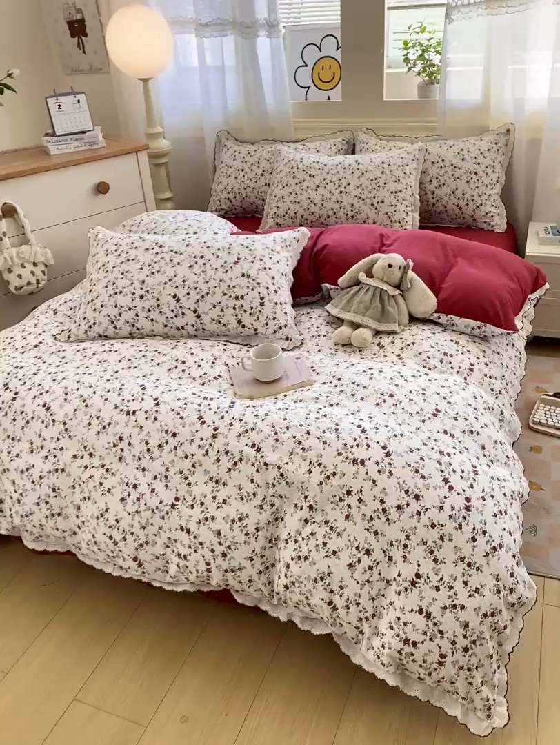 91家纺网 家纺一手货源 找家纺 豫见家纺 2026新款A类仿棉云感纱花边四件套 浪漫蔷薇