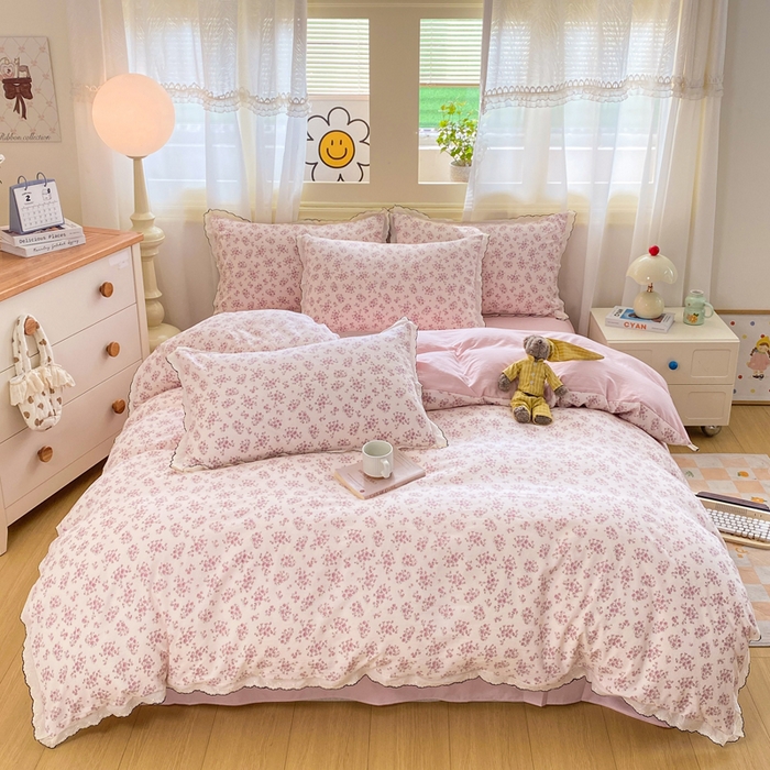 91家纺网 家纺一手货源 找家纺 豫见家纺 2026新款A类仿棉云感纱花边四件套 日光漫游