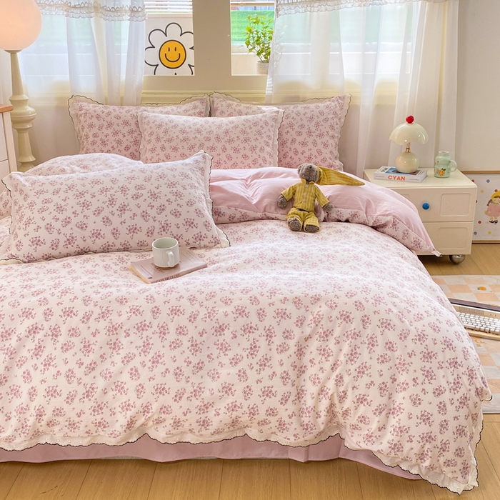 91家纺网 家纺一手货源 找家纺 豫见家纺 2026新款A类仿棉云感纱花边四件套 日光漫游