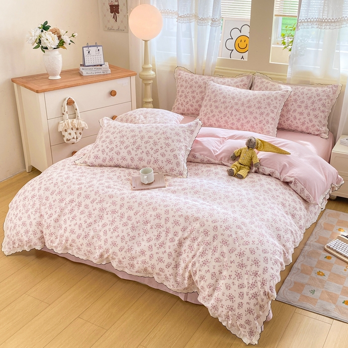 91家纺网 家纺一手货源 找家纺 豫见家纺 2026新款A类仿棉云感纱花边四件套 日光漫游