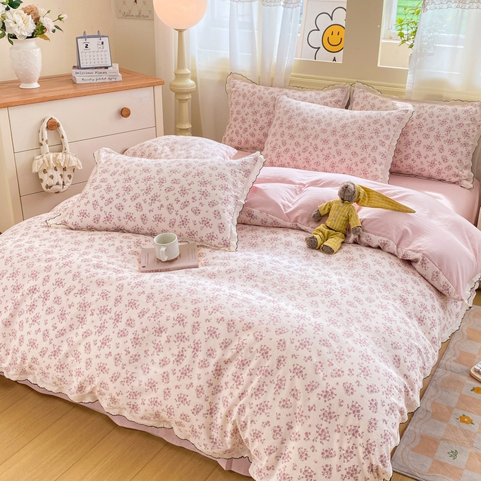 91家纺网 家纺一手货源 找家纺 豫见家纺 2026新款A类仿棉云感纱花边四件套 日光漫游