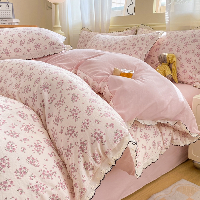 豫见家纺 2026新款A类仿棉云感纱花边四件套 日光漫游