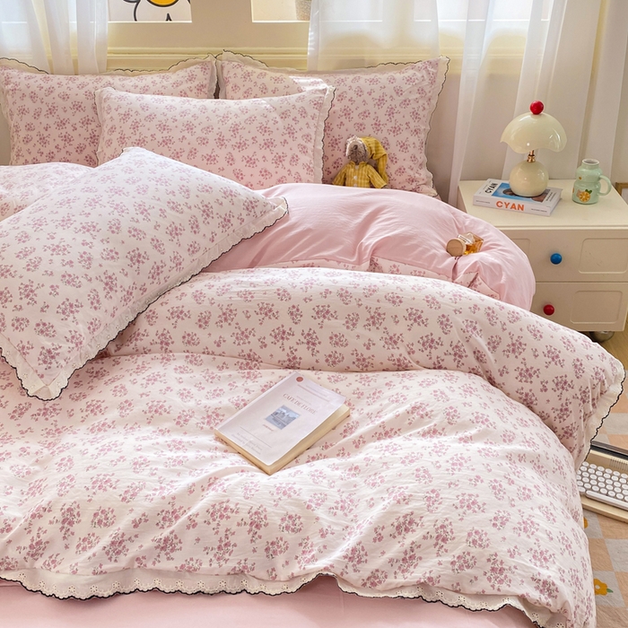 91家纺网 家纺一手货源 找家纺 豫见家纺 2026新款A类仿棉云感纱花边四件套 日光漫游